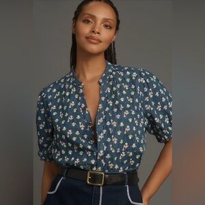 Pilcro by Anthropologie Beaded Detail Floral Denim Women's Top XL